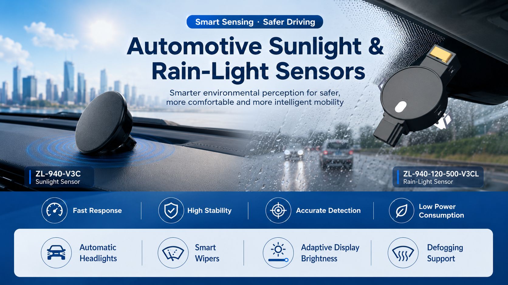 Automotive Sunlight and Rain-Light Sensors for Smarter Driving Safety