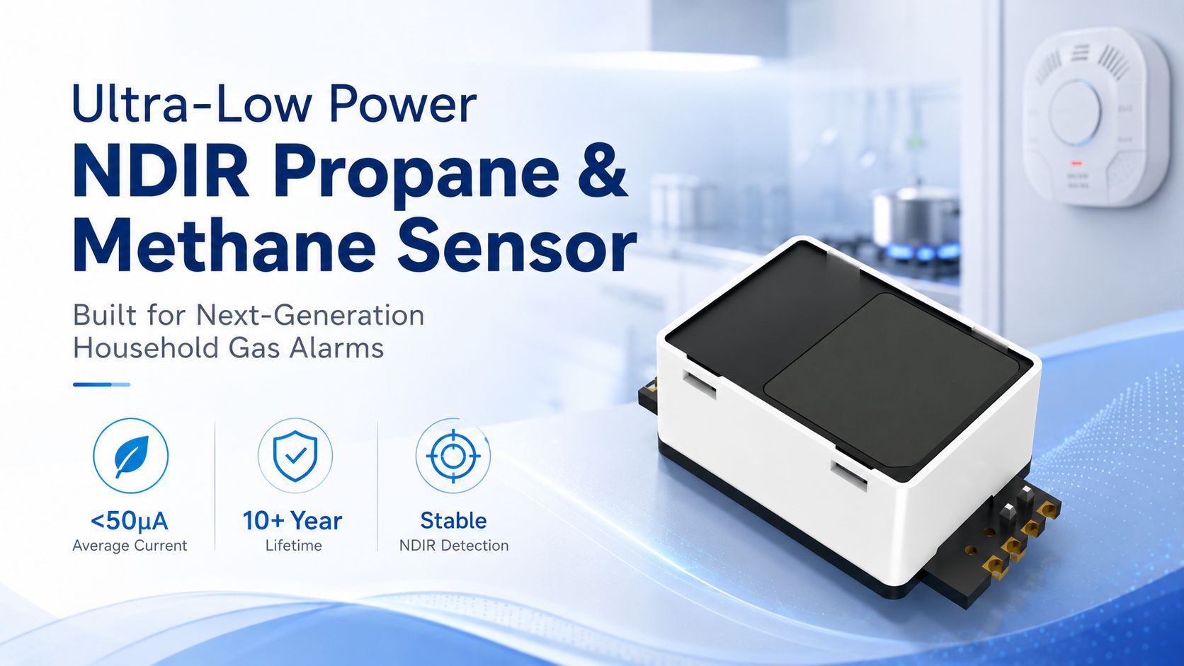 Ultra-Low Power NDIR Propane and Methane Sensor for 10-Year Household Gas Alarms