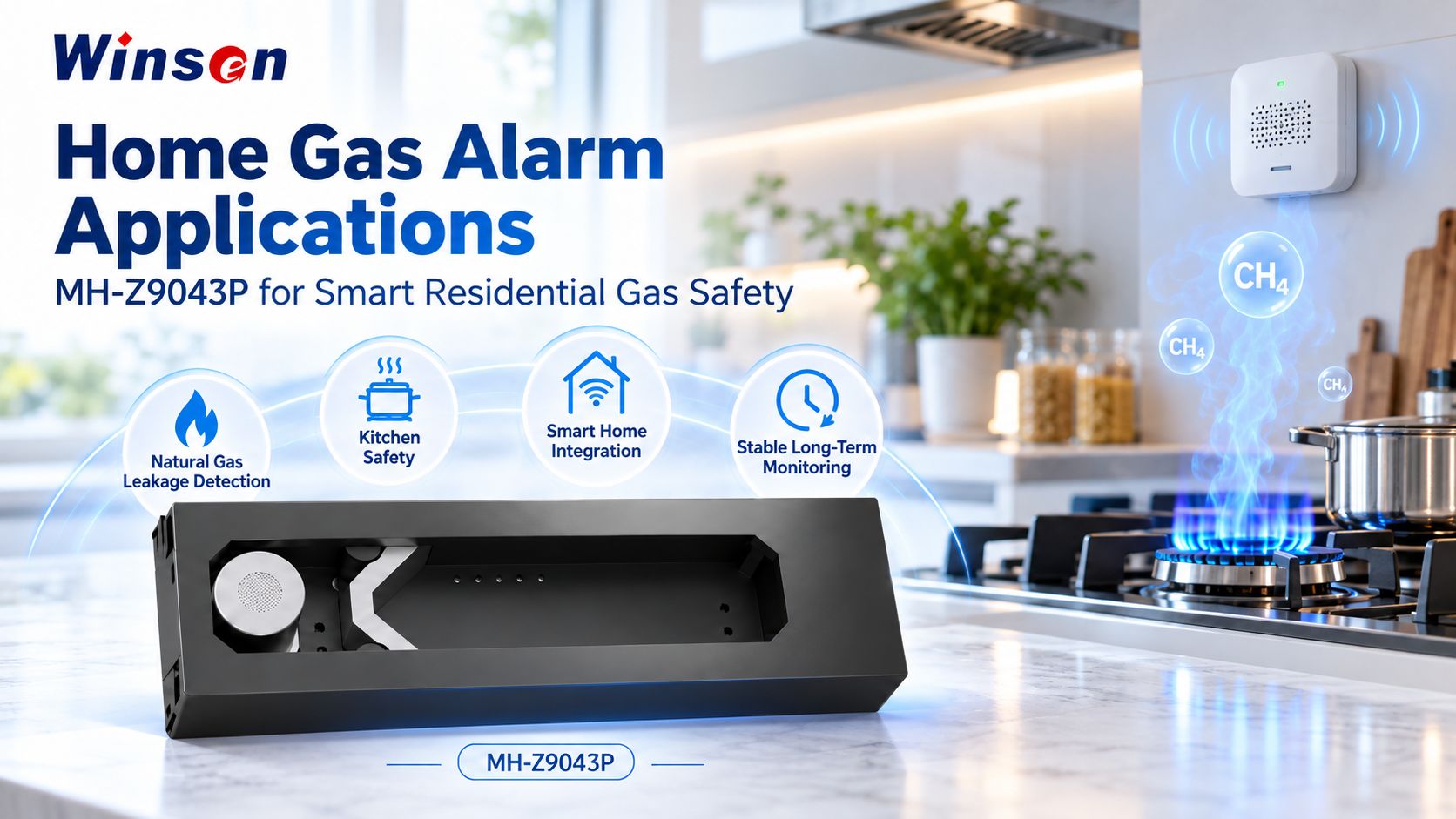 MH-Z9043P methane sensor used in residential gas alarm and smart kitchen safety applications