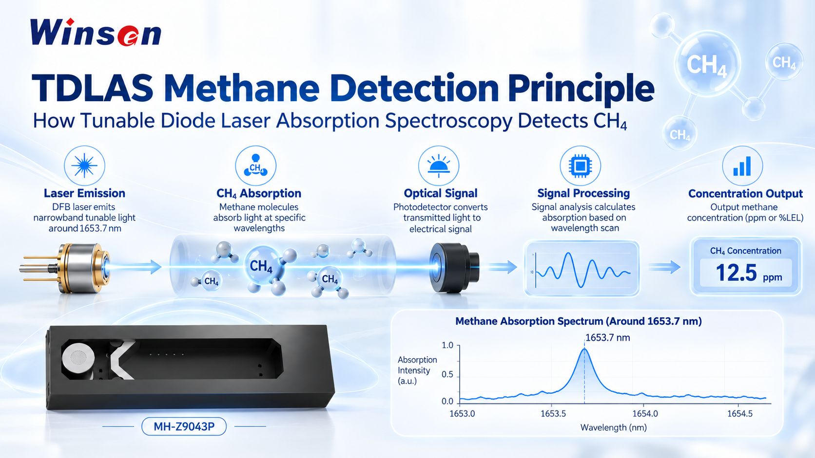TDLAS methane detection process from laser emission to concentration output