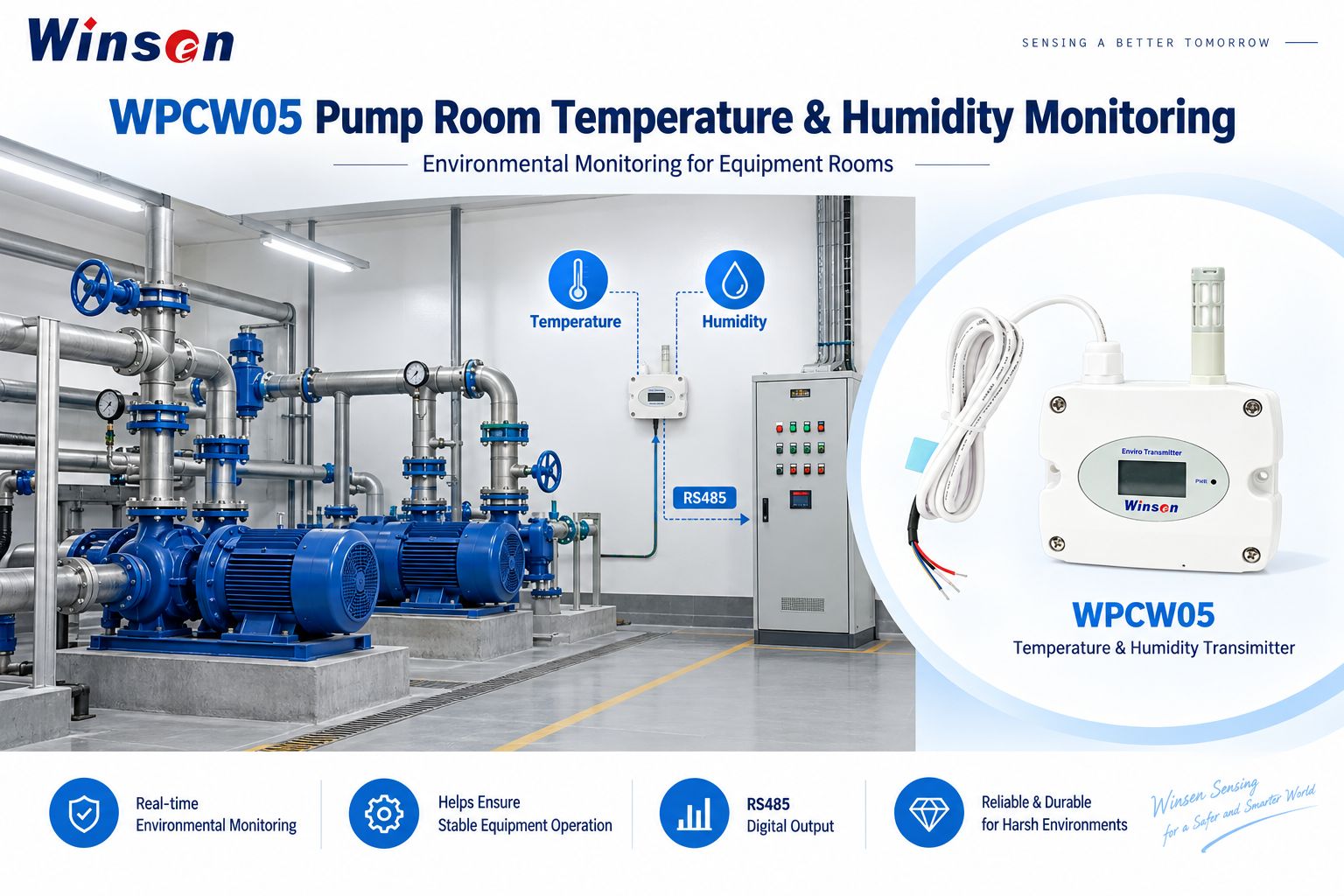 WPCW05 temperature and humidity transmitter for pump room environmental monitoring