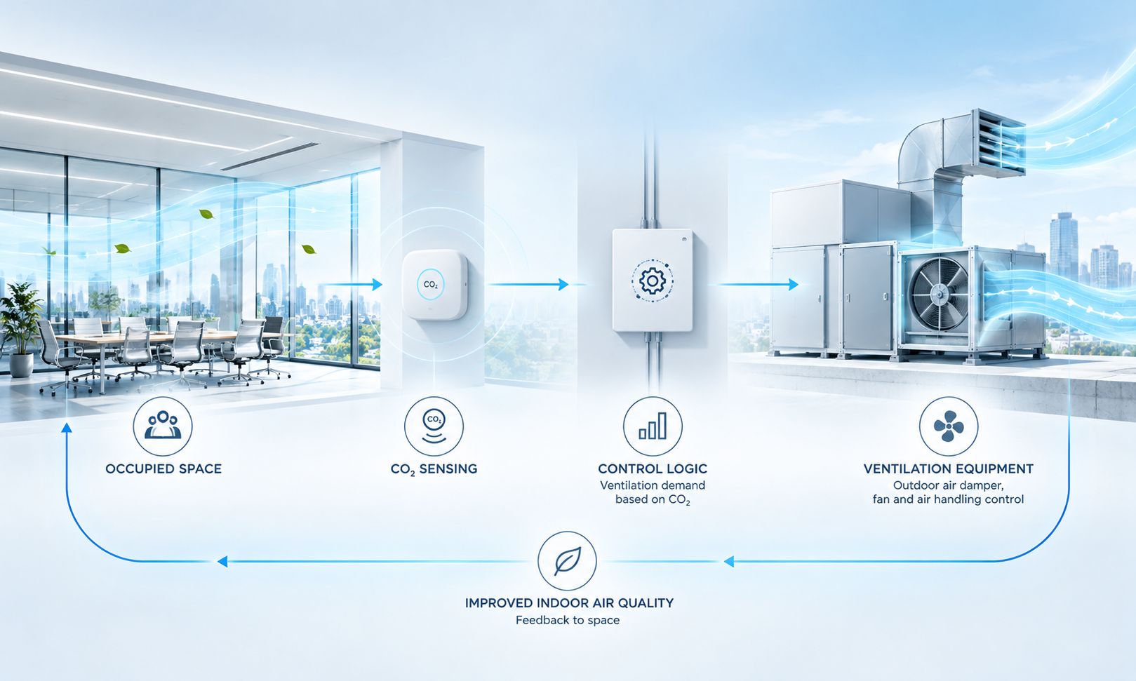 CO2 sensing controller ventilation equipment and feedback architecture for demand controlled ventilation