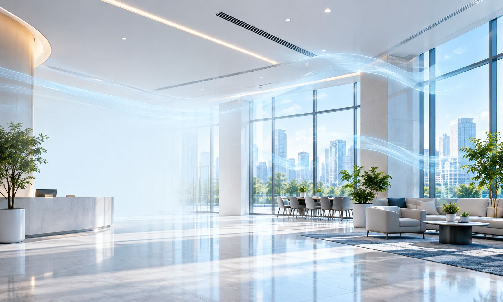 Modern commercial building indoor environment illustrating HVAC indoor air quality sensor solutions