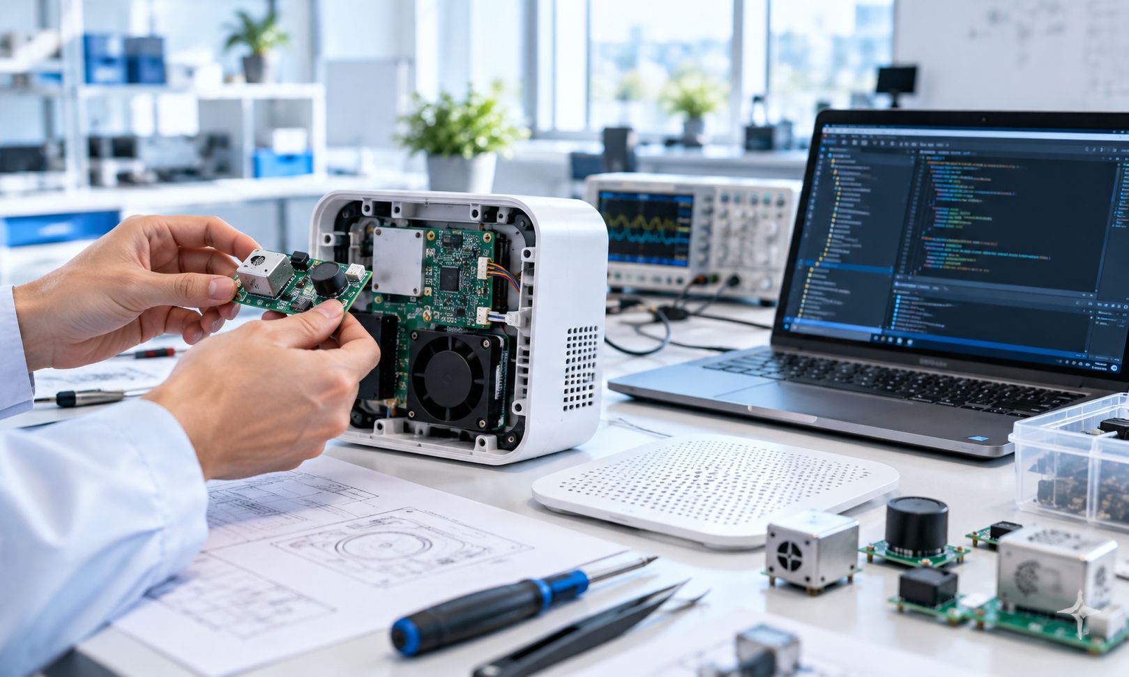 Conceptual IAQ monitoring device electronics development and OEM integration workspace